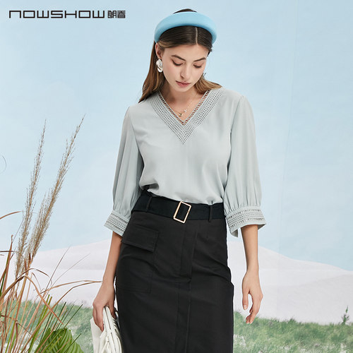 NOWSHOW朗香夏季新品短袖绣花V领衬衫212103