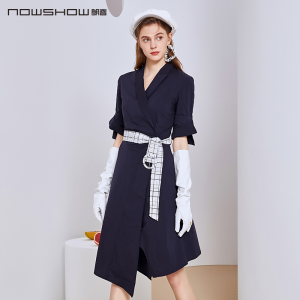 NOWSHOW朗香藏青拼格纹腰带连衣裙202121