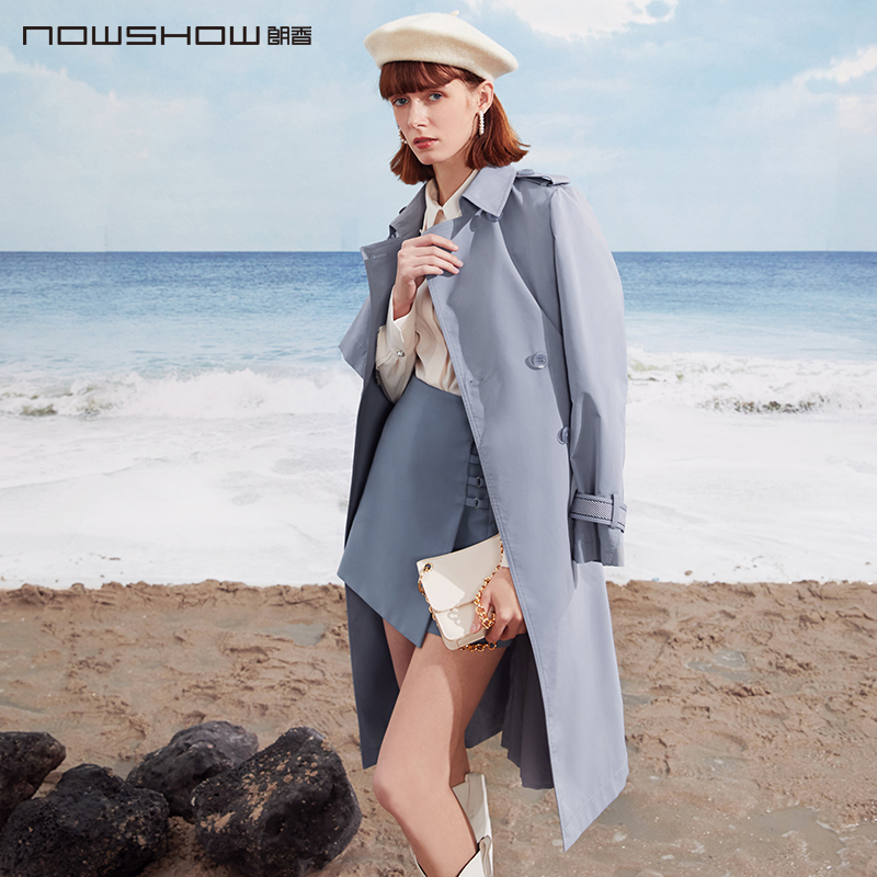 nowshow朗香灰蓝色双排扣风衣