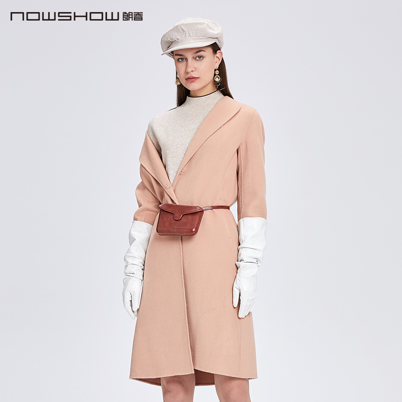nowshow朗香粉色方领双面呢大衣