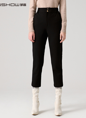 NOWSHOW朗香冬季新品两粒扣黑色加绒小脚休闲裤214012