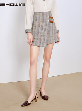 NOWSHOW朗香米灰色斜门襟格纹半裙203012