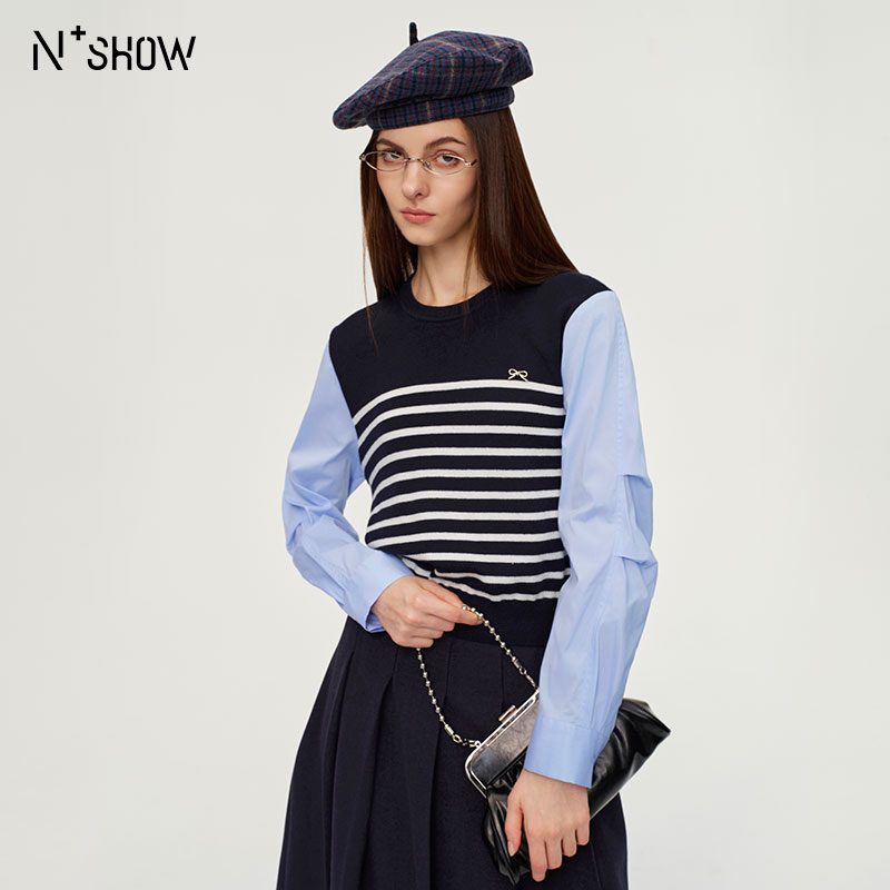 朗香藏青条纹拼衬衫袖假两件小衫