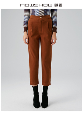 NOWSHOW朗香秋冬季新品红咖色脚口开衩修身毛呢裤94016
