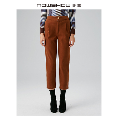 朗香毛呢裤红咖色脚口开衩修身