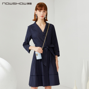 NOWSHOW朗香藏青色系腰带修身款连衣裙201129