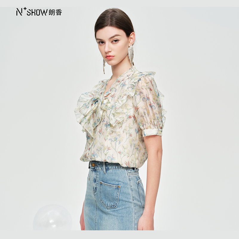 朗香夏季新品浅水绿色花衬衫