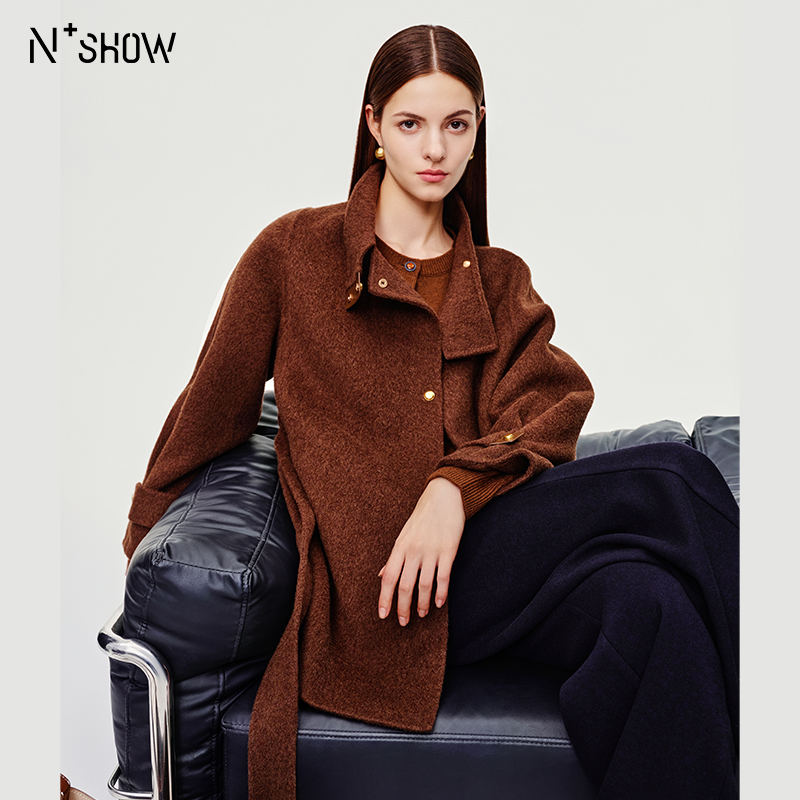 朗香冬季咖啡色系腰带短双面呢