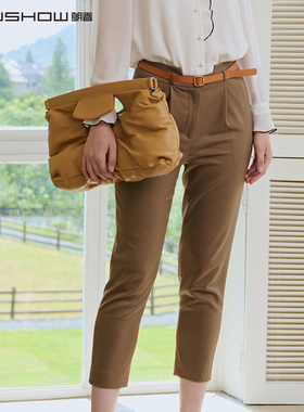 NOWSHOW朗香秋新品咖色腰带装饰百搭极简款女裤213011