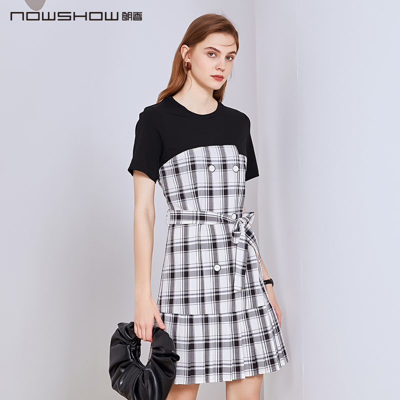 NOWSHOW朗香黑白格子百褶连衣裙202095