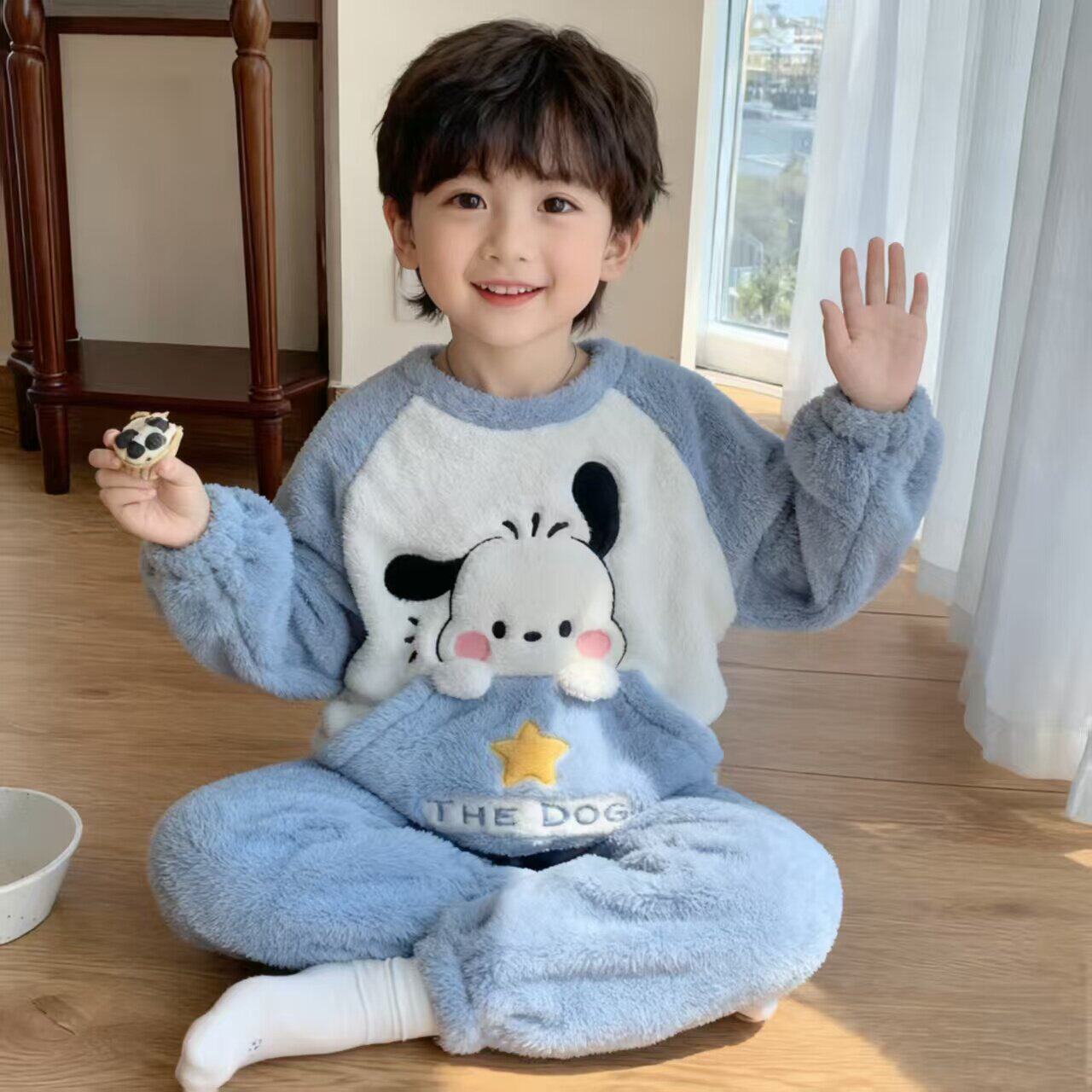 全棉纯棉女童男童珊瑚绒睡衣家居服冬季2026新款可爱卡通加厚保暖