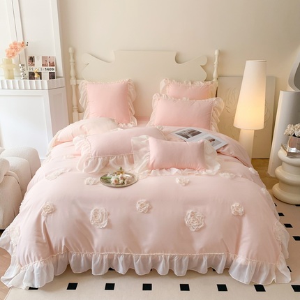 韩式全棉纯色床上四件套粘花花边被套罩床单浪费公主风高级感床品