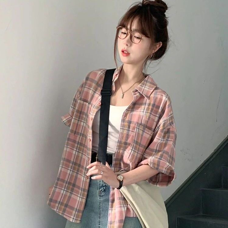 粉色Polo领格子短袖衬衫外套女夏季设计感小众日系复古叠穿上衣潮