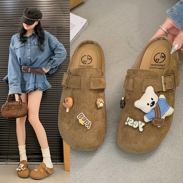 卡通可爱风勃肯鞋女2026新款春季一脚蹬懒人鞋复古厚底全包勃肯鞋