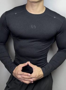 春秋男士无缝提花速干弹力运动长袖汗衫健身训练紧身衣男体恤打底
