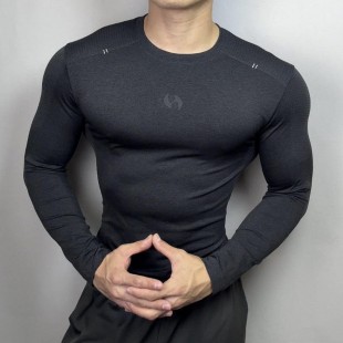 春秋男士无缝提花速干弹力运动长袖汗衫健身训练紧身衣男体恤打底