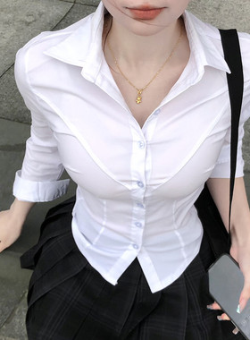 色女神衬衫性感修身弹力网红短款上衣女士白色紧身衬衣收腰JKv领
