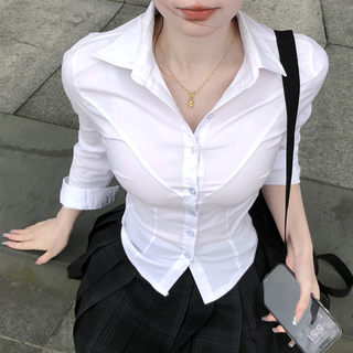 色女神衬衫性感修身弹力网红短款上衣女士白色紧身衬衣收腰JKv领