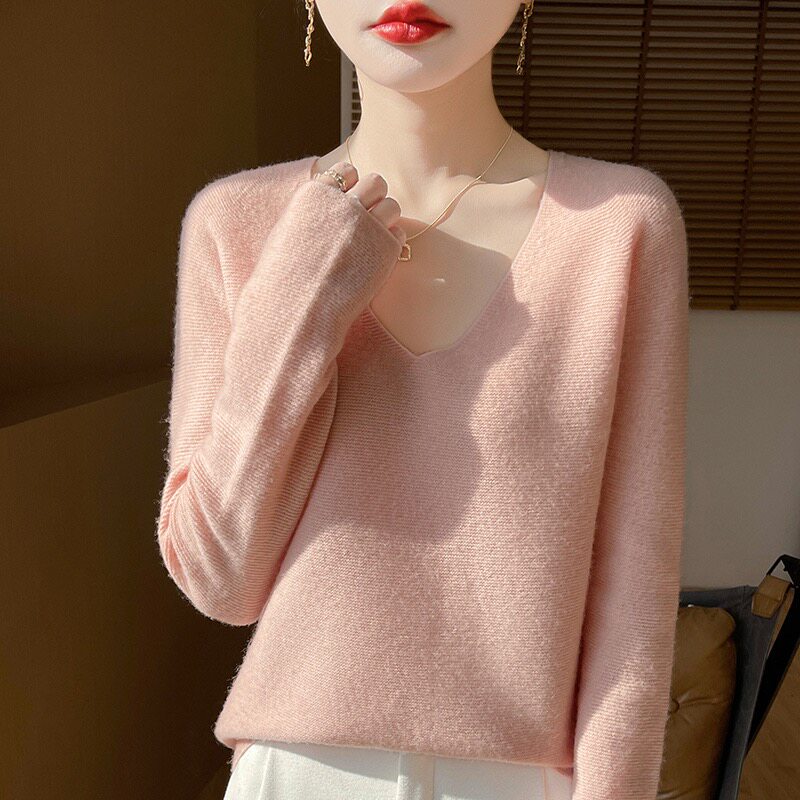 前后大V领羊绒衫女毛衣慵懒针织毛针织衫