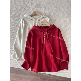 新年显白红色连帽毛衣卷边宽松净版针织衫女叠穿厚实上衣打底衫女