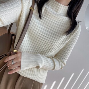 抗起球半高领竖坑条显瘦针织打底衫基础款修身显瘦百搭内搭毛衣女
