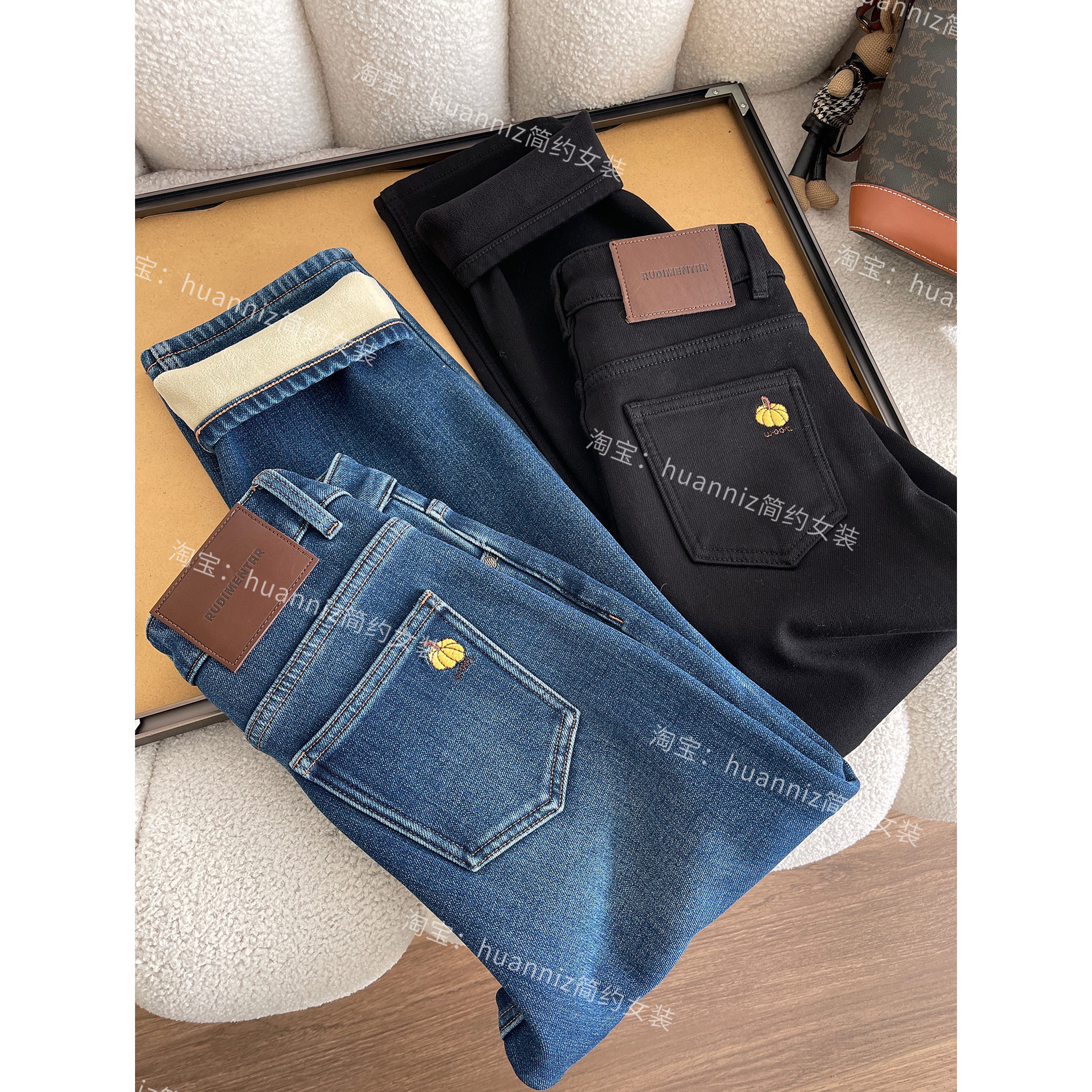 南瓜刺绣加绒牛仔烟管裤