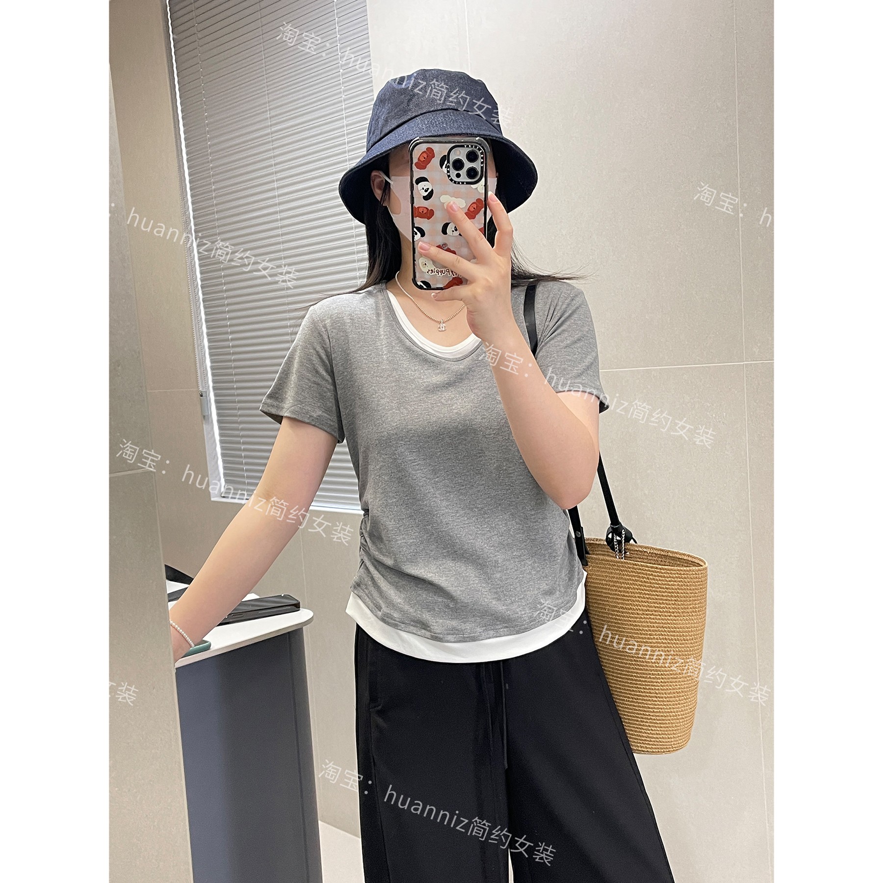 超级好穿纸片感ju显瘦假两件撞色T恤夏季褶皱收腰V领短款上衣女