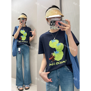 夏重工撞色印花刺绣短袖 T恤女圆领棉质宽松百搭休闲减龄上衣打底