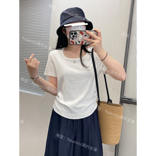 女 显瘦露锁骨方领褶皱收腰T恤合身短款 正肩短袖 上衣2025夏季 新款