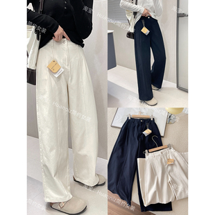 遮胯显瘦斜纹棉米色工装休闲裤春季女后松紧腰宽松高腰直筒阔腿裤