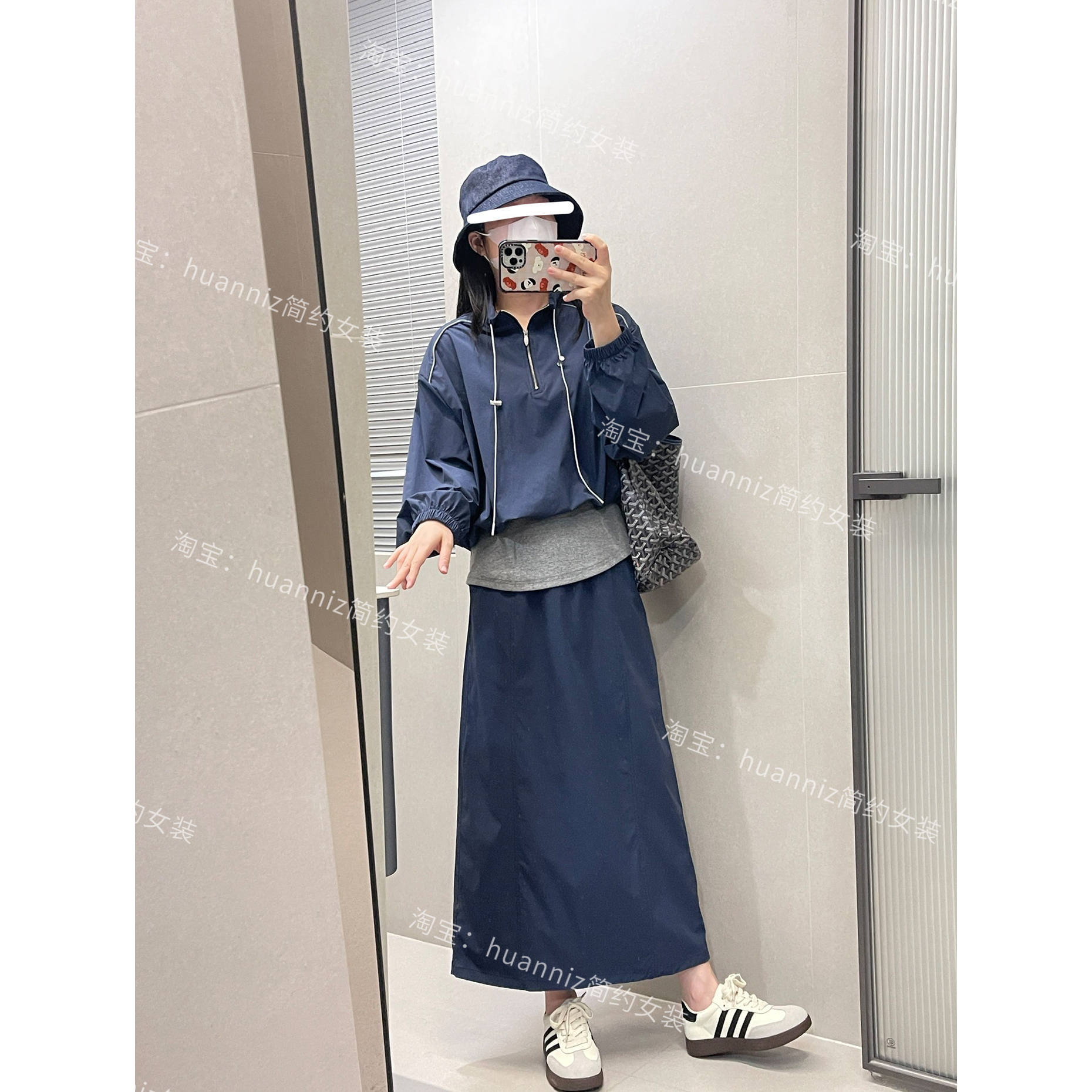 早秋休闲套装~假两件工装立领卫衣+松紧腰半身裙两件套运动冲锋衣