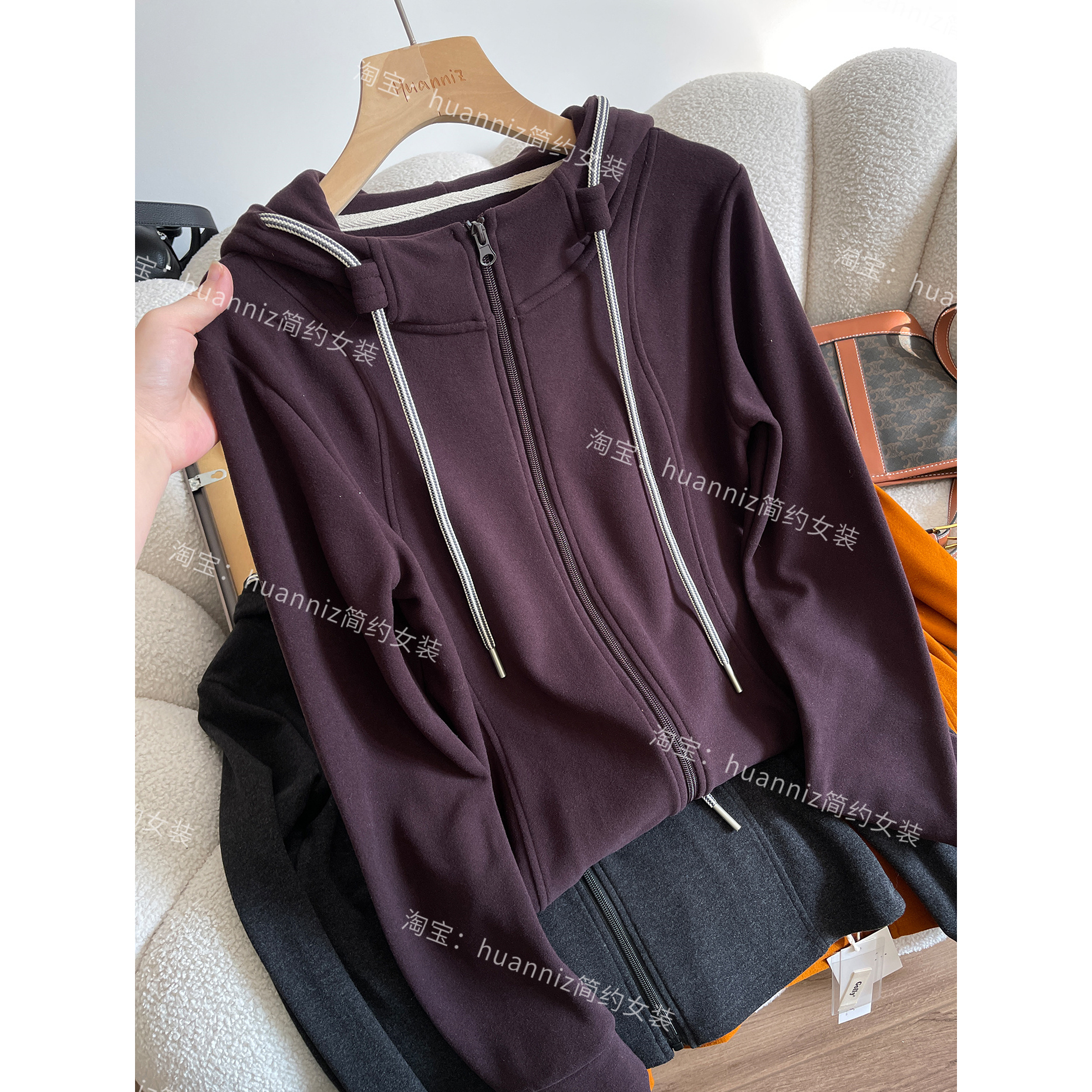 撞色抽绳连帽德绒拉链开衫