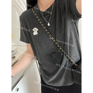 高级感深灰色小狗刺绣T恤2025春夏圆领宽松休闲短袖打底上衣女