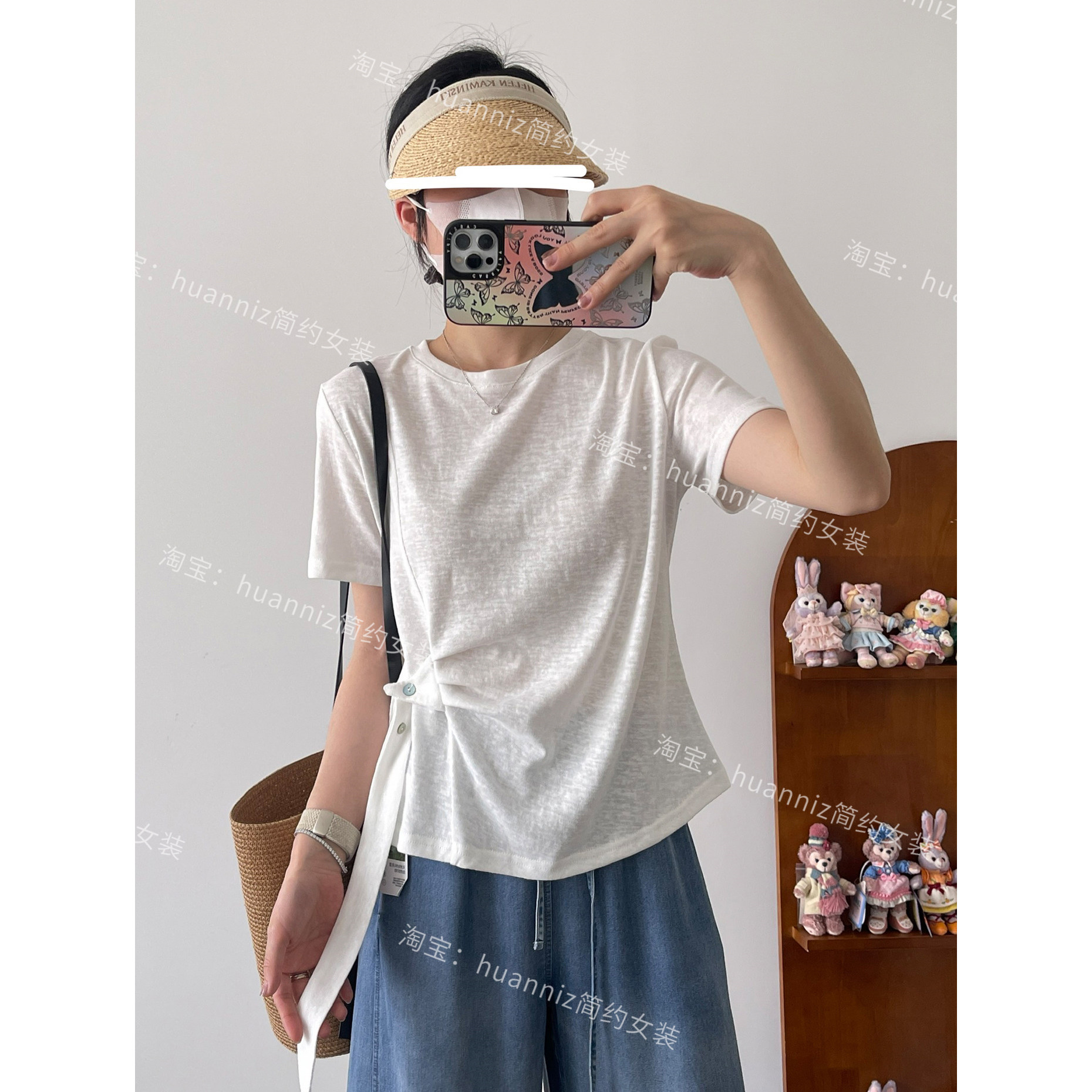 韩系小众扣子收腰飘带T女26夏季雪花棉圆领正肩小个子短款上衣T恤