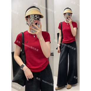 小版 型圆领显瘦上衣打底女 显气色酒红色小马刺绣T恤正肩修身 夏季