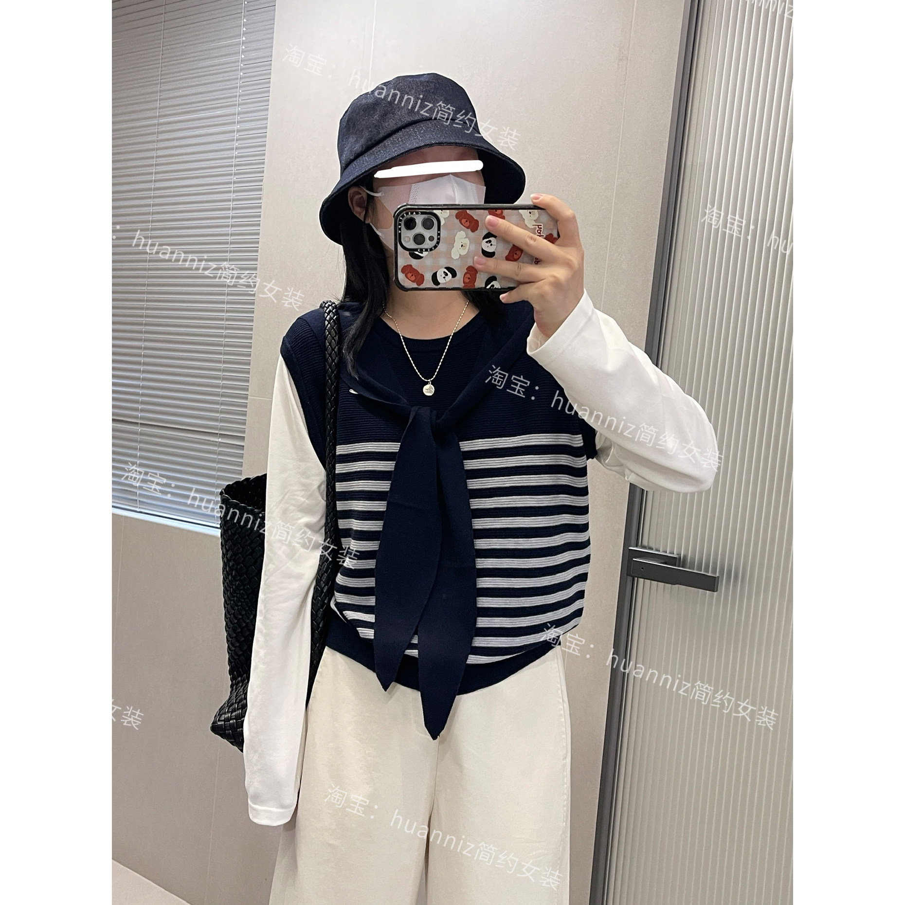 韩版秋季新款假两件拼色条纹披肩针织衫T恤圆领长袖短款毛衣上衣