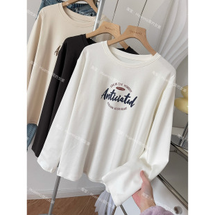 女圆领字母印花宽松百搭上衣 T恤打底衫 春季 基础百搭舒适纯棉长袖