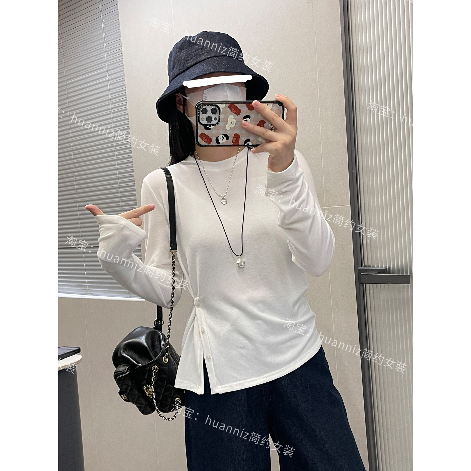 韩系设计感纽扣收腰ju显瘦T恤秋季圆领长袖修身下摆开叉上衣女