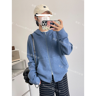 ju好看雾蓝色磨毛糯米绒连帽卫衣开衫女双拉链宽松休闲外套上衣