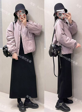 25冬季新款灰紫色棉服高级感立领按扣小个子厚棉衣外套韩版上衣女
