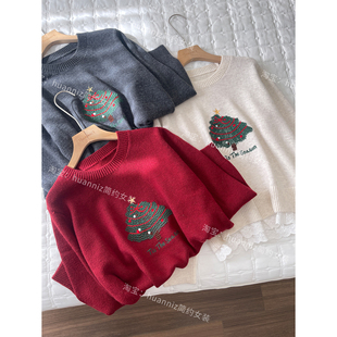 节日氛围感圣诞树刺绣毛衣冬假两件蕾丝花边拼接圆领针织衫上衣女