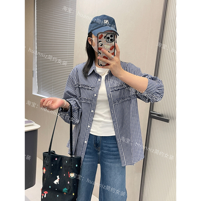 秋韩系简约风蓝色小格子木耳边长袖衬衫棉质翻领宽松显瘦外套上衣