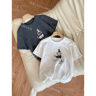 圆领宽松休闲白色tee上衣女 韩系可爱狗狗刺绣磨毛加厚早春T恤短袖