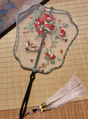 凌霄花单面刺绣团扇古风舞蹈扇中国风汉服女式宫扇长柄走秀演出扇