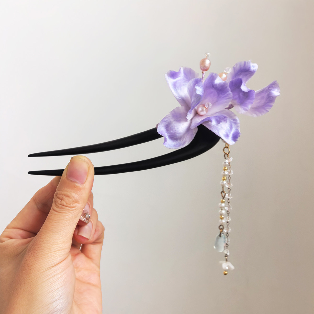 非遗绒花黑檀U型流苏双簪图片