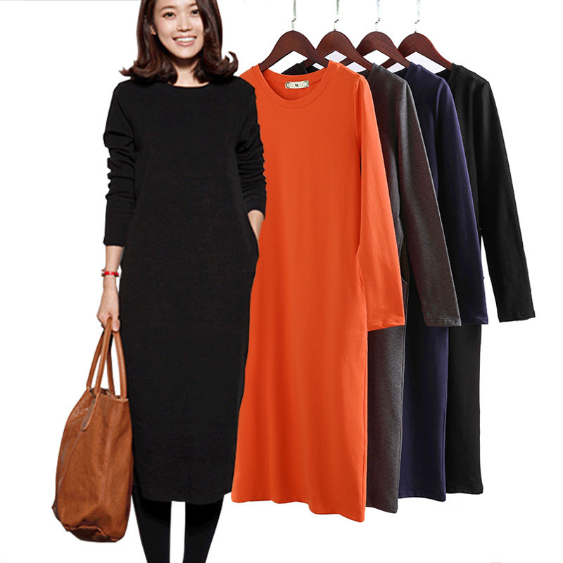 秋装2020年新款纯棉圆领打底外穿长裙修身显瘦大码连衣裙女秋冬