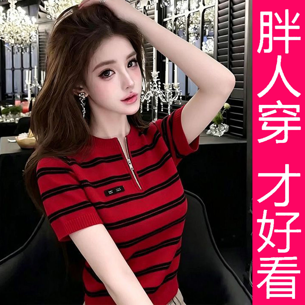 夏季薄款大码显瘦条纹针织短袖图片