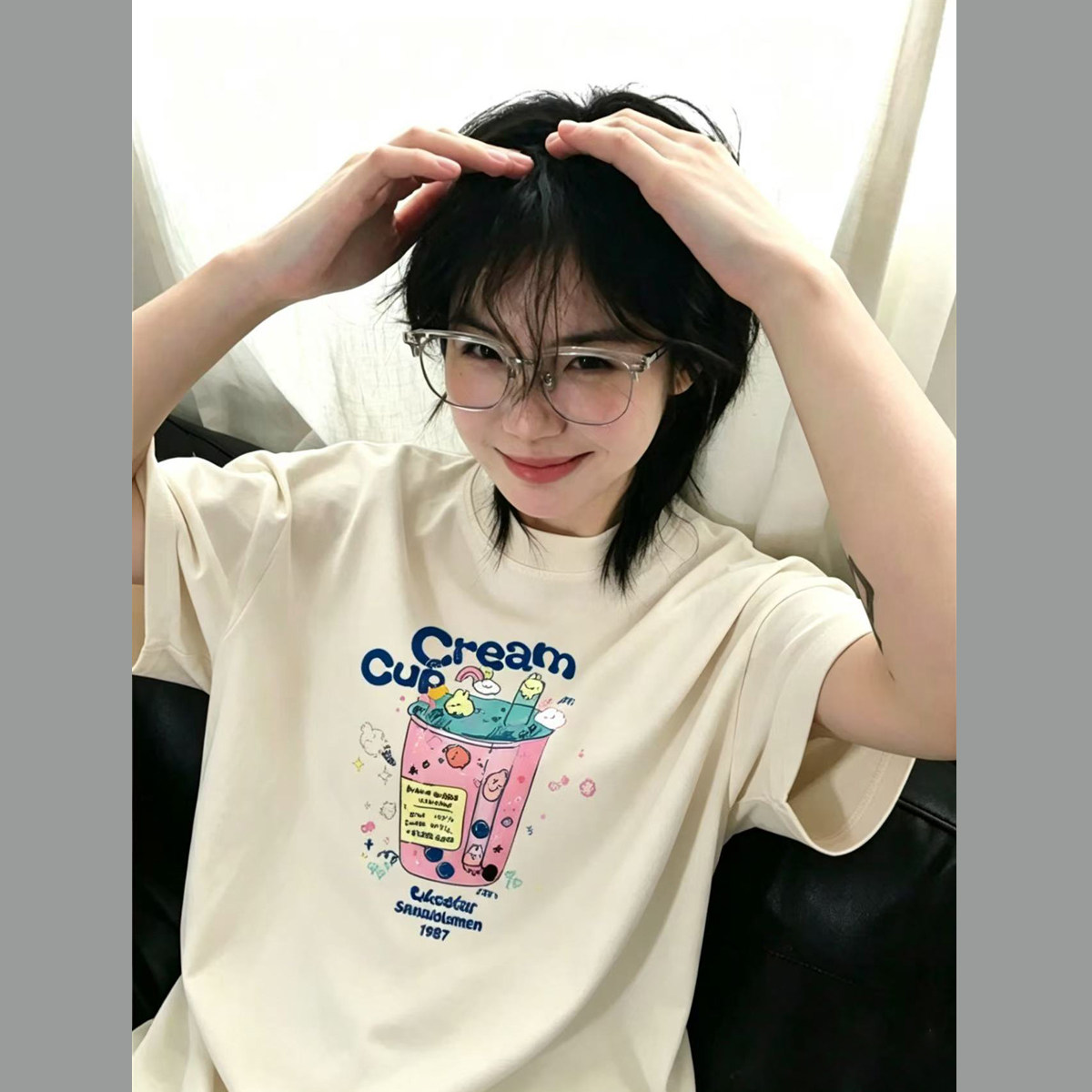 冰激凌印花纯棉t恤短袖女夏季新款美式宽松休闲慵懒穿搭正肩上衣
