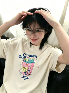 冰激凌印花纯棉t恤短袖女夏季新款美式宽松休闲慵懒穿搭正肩上衣