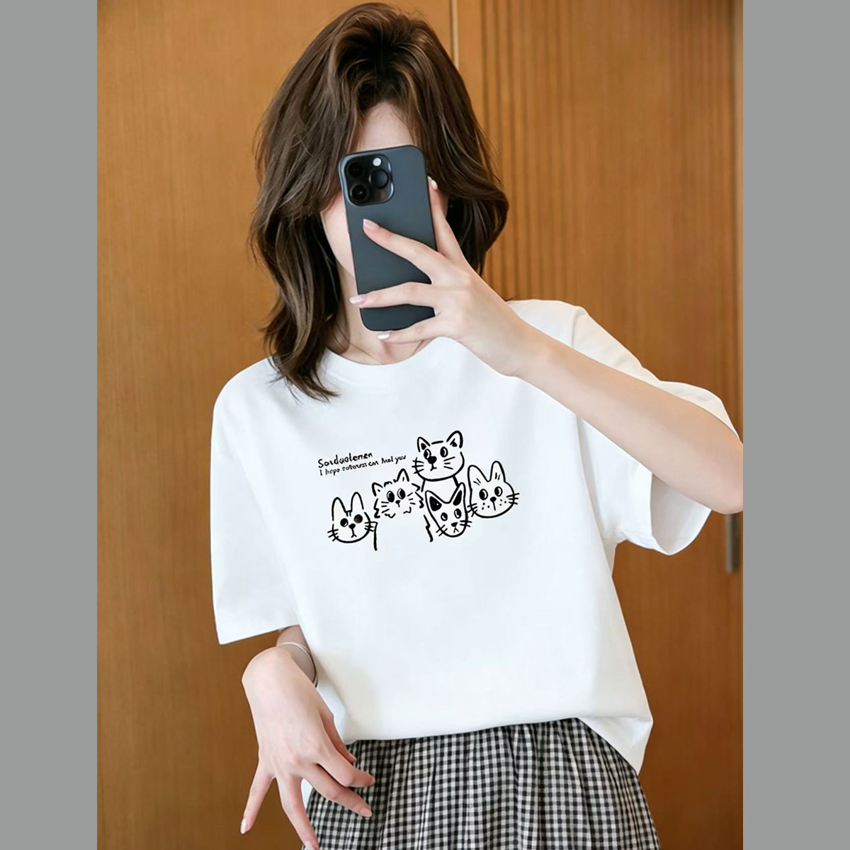 猫咪图案印花纯棉短袖t恤衫女夏季新款简约宽松休闲230g棉质上衣